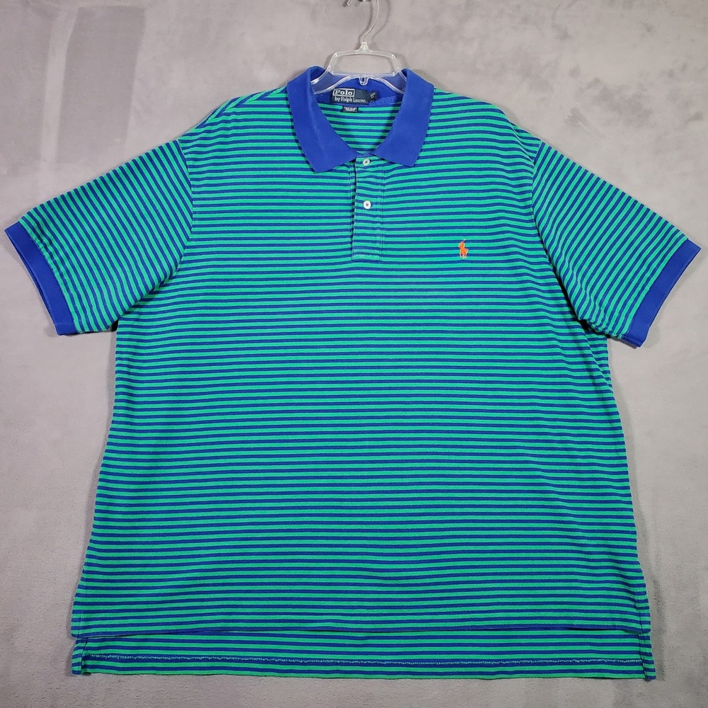 Polo Ralph Lauren Polo Mens 3XB Green Blue Striped Pique Preppy Collegiate Retro